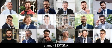 Große Sammlung männlicher Porträts. Männer unterschiedlichen Alters Stockfoto