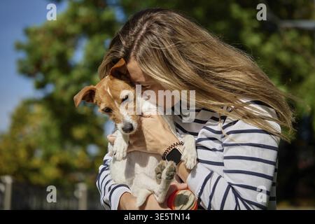 Die Frau hält ihren Hund an den Händen und umschließt ihn. Glückliche Besitzerin umarmt und küsst süße Freundin. Tierpflege Stockfoto