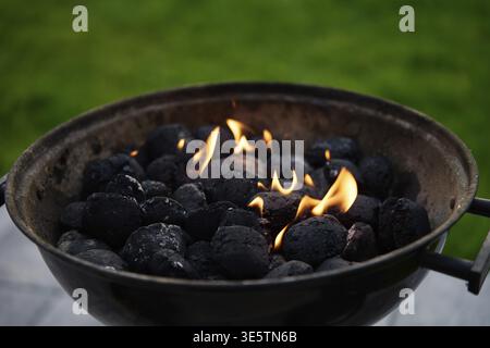 Schwelende Kohlen im Grill. Brennende Kohlen zum Grillen während eines Picknicks Stockfoto