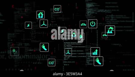 Anzeige eines blauen Clusters mit CO2, Wind, Plug-on-Cyber-Dashboard, mit Code und roten Alarmen Stockfoto