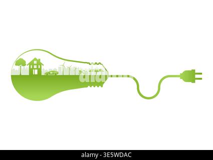Grüne Stadt in Glühbirne. Strom und Energie sparen. Grüne Energie oder erneuerbare Energien. Umweltfreundliches Konzept. Stock Vektor