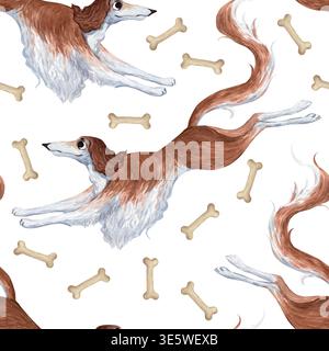 Ein nahtloses Aquarellmuster mit windhund und Knochen Stockfoto