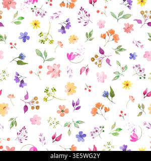 Nahtloses Blumenmuster in Wasserfarben. Hand paiktedfarbenreicher floraler Hintergrund mit Sommerblüten und grünen Blättern. Stockfoto