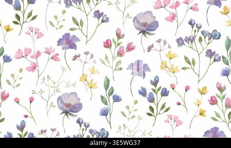 Nahtloses Wildblumenmuster mit Wasserfarben. Handgemalter botanischer Hintergrund mit Feldblumen, Knospen und grünen Blättern. Stockfoto