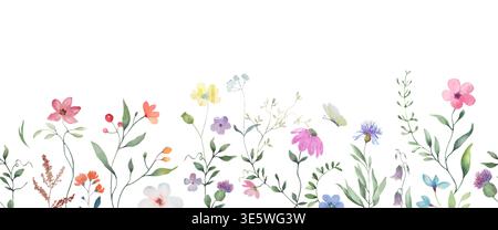 Nahtlose Aquarell Wildblumenrand, handgemalter Sommer-Blumenrahmen, botanisches horizontales Muster Stockfoto