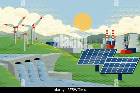 Dam-Kraftwerk Wasserkraft Solar Windenergie Stock Vektor