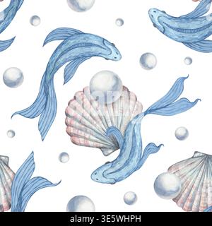 Ein nahtloses Aquarellmuster mit wunderschönen blauen Fischen Stockfoto