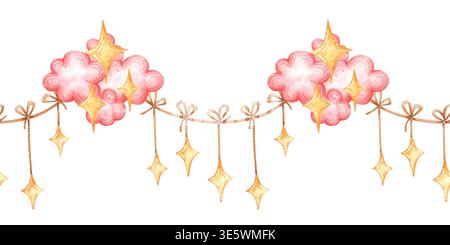 Pinke Wolken mit einer Girlande hängender Sterne. Nahtloses horizontales Muster, isoliert vom Hintergrund. Handgezeichnete Aquarellillustration. Sui Stockfoto