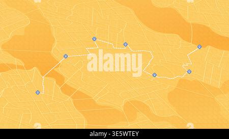 GPS-Navigationssystem, das mehrere Markierungen und Pins entlang der angegebenen Route anzeigt. Abstrakter Stadtplan POI mit Stadtstraßen. Vektorabbildung Stock Vektor