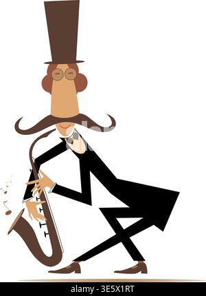 Cartoon langer Schnurrbart Saxophonist im Oberhut. Ein lustiger Schnurrbart-Mann im Oberhut spielt Saxophon Stock Vektor