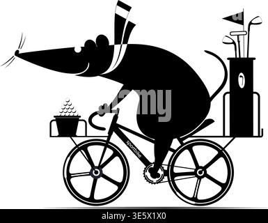 Ratte oder Maus fährt mit dem Fahrrad zum Golfplatz. Cartoon Radratte oder Maus auf dem Weg zum Golfplatz. Schwarzweiß-Illustration Stock Vektor