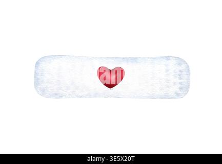 Medizinischer Haftverband mit rotem Herzen innen. Aquarell handgezeichnete Illustration isolierte ClipArt mit hellblauer Textur. Heilbegriff und Stockfoto