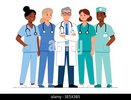 Medizinische Team Ärzte und Krankenschwestern stehen zusammen flache Vektor-Illustration Stock Vektor
