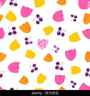 Elegantes nahtloses Vektormuster mit rosa, gelben und orangen Tulpenblüten mit kleinen lila Beeren. Minimalistisches flaches Design isoliert auf Transp Stock Vektor