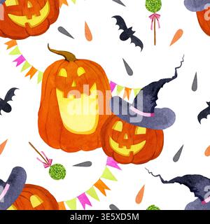 Nahtloses Halloween-Muster mit gruseligen, leuchtenden Kürbissen Stockfoto