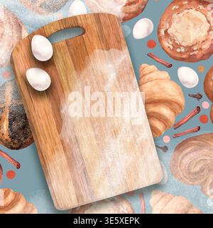 Ein Rahmen mit Aquarellbildern von Backzutaten und Küchenutensilien Stockfoto