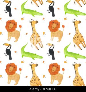 Nahtloses Aquarellmuster zum Thema Afrika mit verschiedenen Tieren und Vögeln. Stockfoto