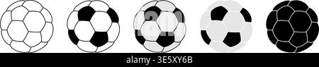 Ein vielseitiges und umfassendes Set klassischer Fußballball-Vektorsymbole, die sorgfältig mit einem unverwechselbaren Puffeffekt, einem sprudelnden und aufgeblasenen Effekt für ein verspielteres und professionelles Erscheinungsbild gefertigt wurden und für verschiedene Designanforderungen geeignet sind. Diese hochwertige Kollektion zeigt fünf einzigartige Grafikvarianten, klare, minimalistische Linien mit geschwungenen Panellinien, klassischen Schwarz-weiß-Designs, modernen flachen Grau- und Schwarzweißversionen sowie kräftigen, einfarbigen Silhouetten in Schwarz. Dieser gepuffte Einsatz sorgt für ein einzigartiges, volumetrisches Tragegefühl. Perfekt für die Erstellung von Logos für Sportteams, Poster für sportliche Veranstaltungen, UI UX-Elemente für Mobilgeräte Stock Vektor