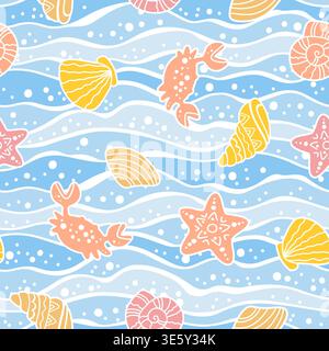 Handgezeichnetes nahtloses Pastellmuster mit Muscheln, Korallen, Krebsen und Sternen, verspielter Boho-Hintergrund mit zartem Rosa, Blau und Gelb Stock Vektor