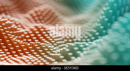 Wellen von grünem und orangefarbenem Gradientenwürfel oder Box Mesh Array Hintergrund, abstrakte moderne Datenvisualisierung, Wissenschaft, Forschung oder geschäftliche Datumsangaben Stockfoto