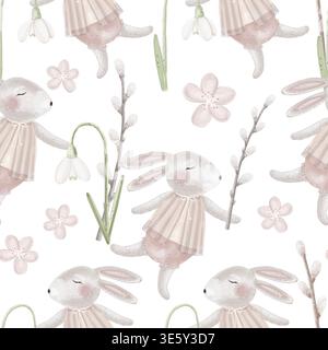 Aquarellmuster mit Häschen, Schneeglöckchen, Weidenzweigen und blühenden Gartenblumen Stockfoto