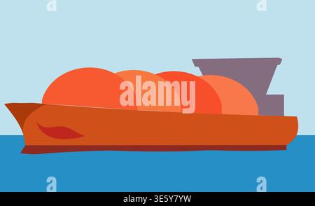 Orangener LNG-Tanker mit kugelförmigen Tanks, der auf blauem Meer segelt – Flache Illustration Stock Vektor