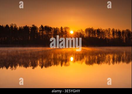 Spektakulärer goldener Sonnenaufgang mit hellem Sonnenaufgang hinter der Silhouette des Waldes, der ein warmes orangefarbenes Leuchten erzeugt. Nebliger Nebel schwebt über der ruhigen Seenoberfläche Stockfoto