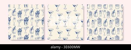Handgezeichnetes Cocktailmuster in Marineblau auf cremefarbenem Hintergrund. Elegante Martini-Gläser, skurrile Seepferdchen und schrullige Meeresbewohner. Design wiederholt s Stock Vektor