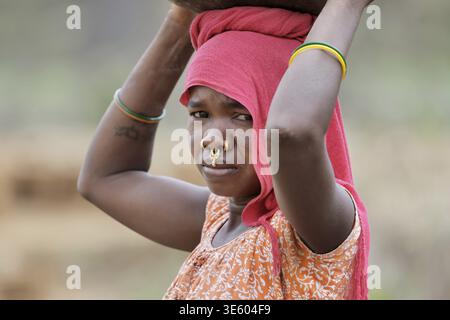 Odisha, Indien - 26. März 2026: Blick auf eine junge Frau, die eine Last auf dem Kopf trägt, ihr rotes Kopftuch ein lebendiger Kontrast zu den Erdtönen des Rückens Stockfoto