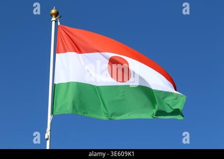 Die Nationalflagge der Republik Niger flattert im Wind auf einem Fahnenmast in Sankt Petersburg. Stockfoto