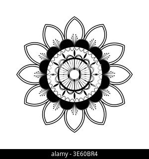 Dekoratives Symmetriemuster für Mandala-Blüten im schwarzen Outline-Stil Stock Vektor