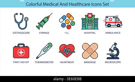Bunte medizinische und Healthcare Icons setzen Vektor-Grafiken isoliert auf weißem Hintergrund Stock Vektor