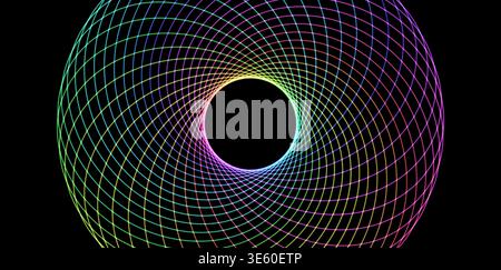 Kompliziertes 3D-Rendering eines geometrischen Spirographenmusters mit Regenbogenneonfarben Stockfoto