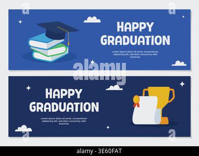 Set aus Happy Graduation Banner mit akademischen Elementen wie Mortarboard und gerolltem Diplom Zertifikat. Bannerkollektionen mit Graduierung. Stock Vektor
