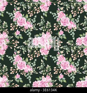 Nahtloses Muster rosafarbener Rosen auf dunkelgrünem Hintergrund. Wunderschöne florale Eleganz Aquarellblumen, Freesie, Blätter. Botanische Sommerillustration für Stockfoto