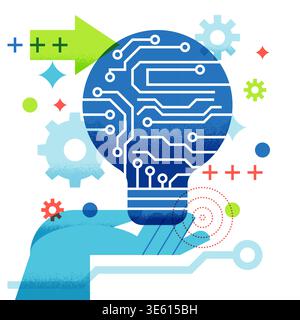 Vektor-Illustration einer menschlichen Hand, die Glühlampe mit Schaltungs-Chip und Zahnrad hält. Innovation, Technologie, Kreativität und intelligente Ideen für Unternehmen, STA Stock Vektor