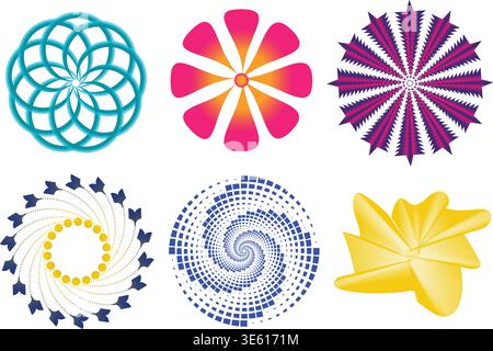 Bunte abstrakte geometrische Muster mit Spiralen und Formen Vektor EPS abstrakte geometrische Mandala Kollektion mit bunten Spiralformen und Mustern Stock Vektor