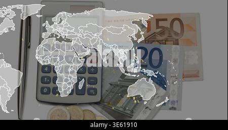Anzeigen von Finanzartikeln auf einem hellen Schreibtisch mit grauem Taschenrechner, silbernem Stift, 50- oder 20-Euro-Banknoten, Münze Stockfoto