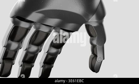 Mockup einer Nahaufnahme einer dunkelgrauen Metallic-Roboterhand mit mechanischen Fingergelenken in flacher Perspektive. Stockfoto