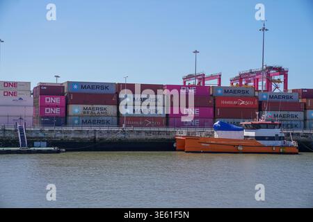 Lissabon, Portugal, Europa, Containerterminal, Hafenanlage, Tejo, Container, Maersk, ONE, Hamburg verklagt, Logistik, Global Trade, Lieferketten, Industriehafen, Hafenkrane, Infrastruktur, Wirtschaft, Import Export, Schifffahrt, Gueterverkehr, Transport, Europa Handel, Frachtschiff, Hafenbetrieb *** Lissabon, Portugal, Europa, Containerterminal, Hafenanlage, Tagus, Container, Maersk, ONE, Hamburg Süd, Logistik, Welthandel, Lieferketten, Industriehafen, Hafenkräne, Infrastruktur, Wirtschaft, Import Export, Versand, Güterverkehr, Verkehr, europäischer Handel, Frachtschiff, Hafenbetrieb Copyrig Stockfoto