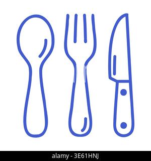 Löffelgabel und Messer im blauen Stil. Symbol „Hand gezeichnet“. Isolierte Darstellung des Konturvektors. Stock Vektor