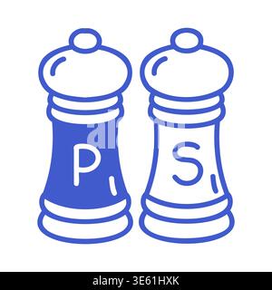 Salz- und Pfefferstreuer im konturierten Icon-Stil. Symbol „Hand gezeichnet“. Isolierte Darstellung des Konturvektors. Stock Vektor