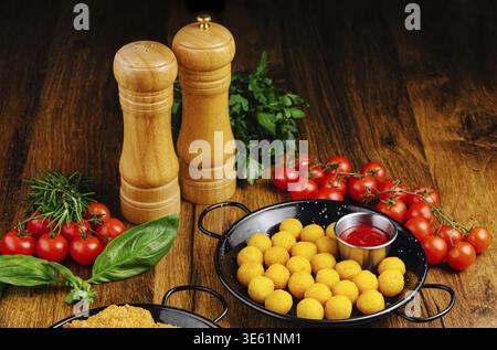 Essen, Eine Platte mit goldenen Imbissbällen umgeben von frischen Tomaten und Kräutern auf einem rustikalen Holztisch. Zwei hölzerne Pfeffermühlen fügen sich dem Ambianischen hinzu Stockfoto