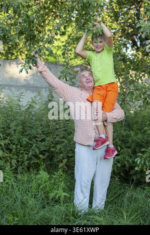 Ein Mann und ein Junge pflücken Äpfel von einem Baum. Dad lächelt und Sohn hält einen Apfel Stockfoto