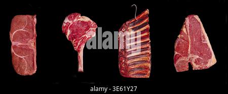 Lebensmittel, verschiedene Stücke von frischem rotem Fleisch sind nebeneinander auf schwarzem Hintergrund angeordnet. Jeder Schnitt zeigt seine einzigartige Form und Textur und hebt die hervor Stockfoto