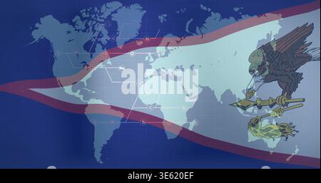 Zeigt eine helle Weltkarte auf dunklem Raster in Grafik, mit Fahnenbandknoten und einem Emblem mit einer Speerlampe Stockfoto