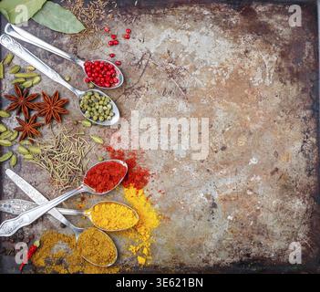 Vielfalt an natürlichen Gewürzen, Gewürzen und Kräutern in Löffeln auf dem Steintisch - Paprika, Curry, Koriander, Kardamom, Kurkuma, rosmarin. Draufsicht mit Stockfoto
