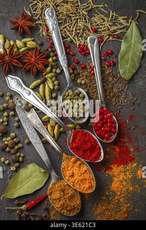 Vielfalt der natürlichen Gewürze, Gewürze und Kräuter in der Löffel auf den steinernen Tisch - Paprika, Curry, Koriander, Kardamom, Kurkuma, Rosmarin, Salz, Pfeffer, Stockfoto