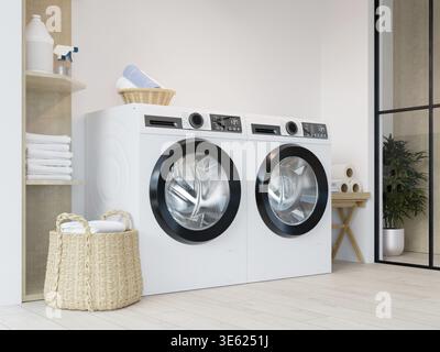 Ein effizienter Waschbereich mit eleganter Waschmaschine, organisierten Regalen und einem sauberen, minimalistischen Design für modernes Wohnen Stockfoto
