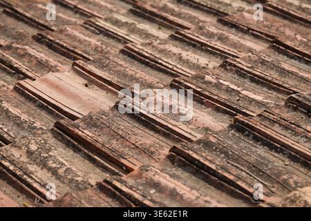 Eine hochwinklige Nahaufnahme alter, sich überlagernder Lehm-Dachziegel mit sichtbarer Alterung und Moos Stockfoto